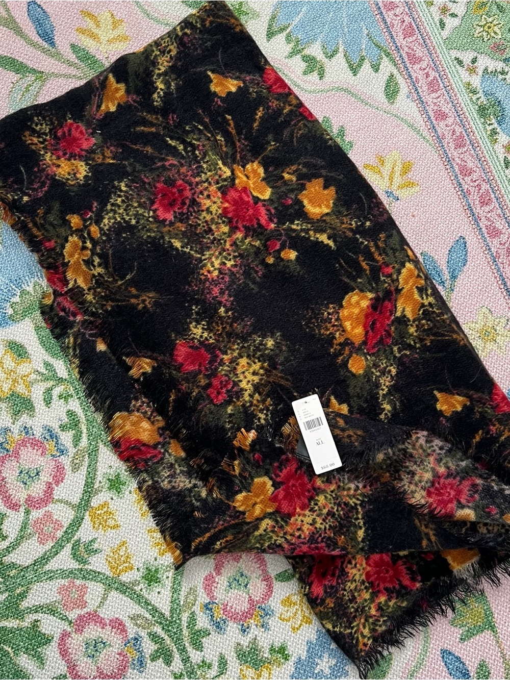 Anthropologie Black Floral Blanket Scarf Red/Mustard Yellow Grandmillennial NWT